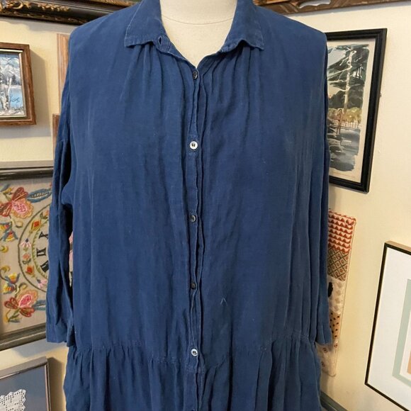 Ichi Antiquites Navy Blue Linen Button Front Shirt Dress with Pockets Size M - Picture 2 of 7